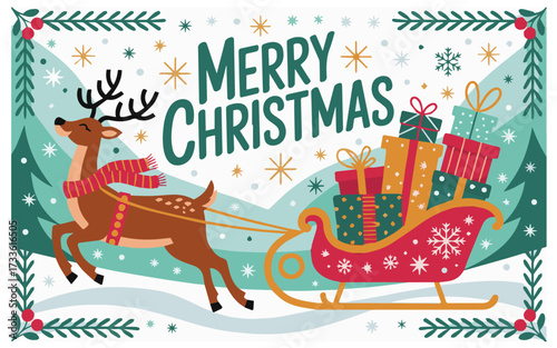Cheerful Christmas card featuring reindeer pulling festive sleigh full of presents through snowy winter wonderland scene perfect for holiday greetings