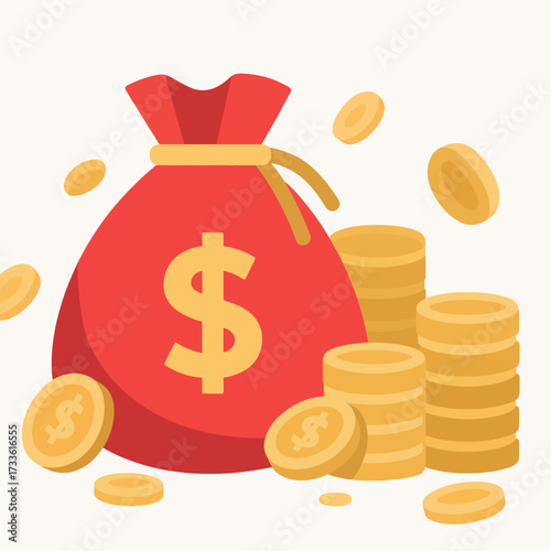 Bountiful red money bag overflowing with golden coins under bright light