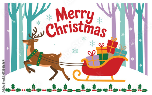Charming winter wonderland scene with reindeer pulling sleigh full of colorful gifts, perfect for holiday greetings and festive designs