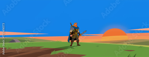 Brave knight with sword stands at sunset in vibrant landscape