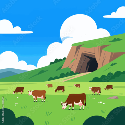 Calm pastoral scene with grazing cows under bright blue sky and fluffy clouds