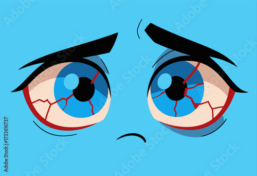 Cartoon eyes with sad expression against a bright blue background