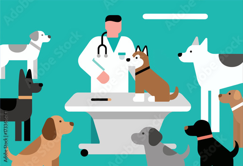 Caring veterinary clinic with playful dogs and compassionate doctor under teal sky