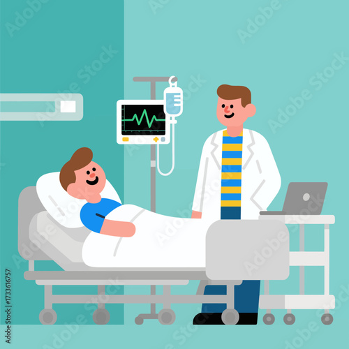 Cheerful doctor and patient in hospital bed under calm, soft teal background