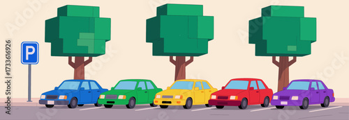 Colorful cars under blocky trees in a whimsical parking lot scene