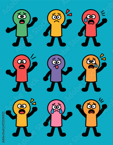 Colorful cartoon characters expressing emotions on a bright blue background