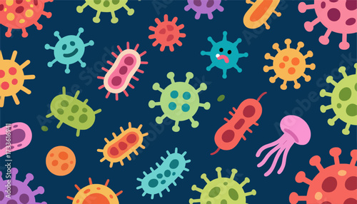 Colorful cartoon bacteria on a dark blue background