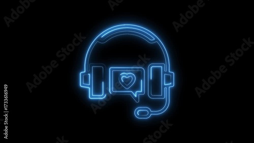 Glowing customer support headphones icon with heart in speech bubble on black background