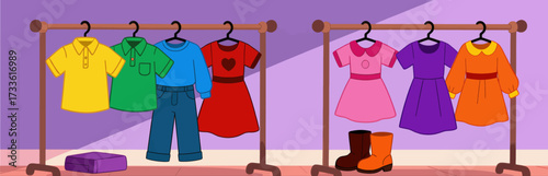 Colorful children's clothing on racks under soft purple light
