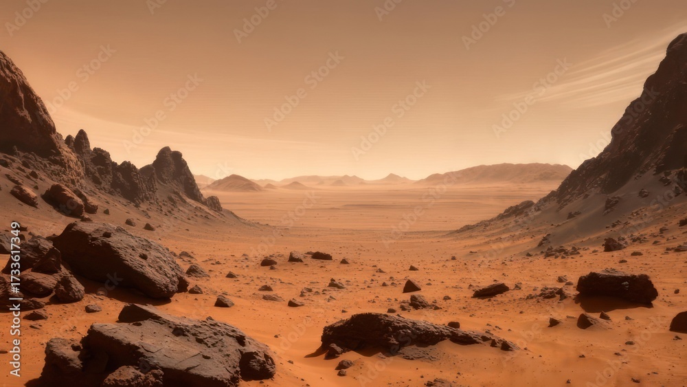 Naklejka premium Martian landscape with rocky terrain and distant hills