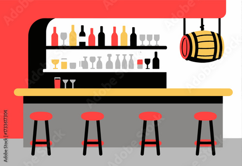 Cozy bar counter with red stools and bottles under warm, inviting light
