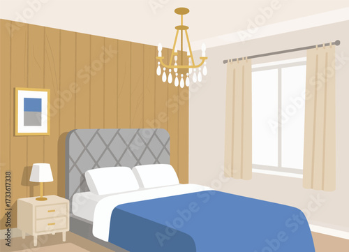 Cozy bedroom with chandelier and wooden paneling under soft daylight