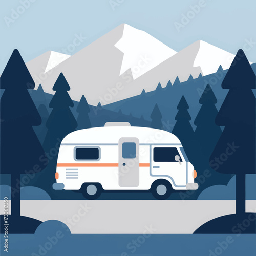 Cozy camper journey through snowy mountain forest at dawn