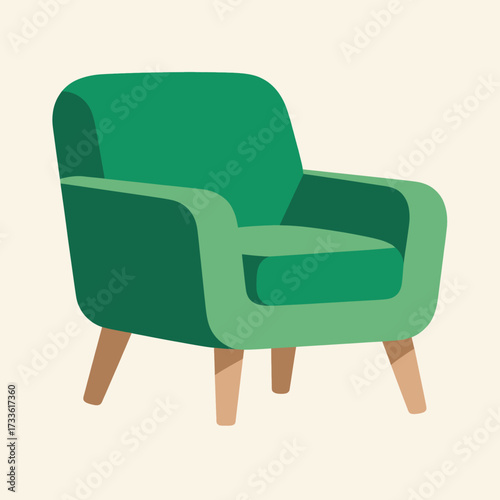 Cozy green armchair on beige background with wooden legs