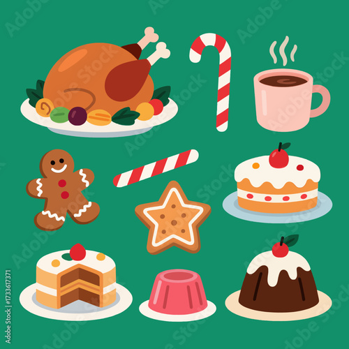 Cozy holiday treats and beverages illustration with festive green background