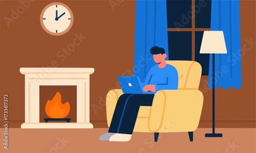 Cozy home office by fireplace with warm glow and calm ambiance