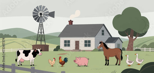 Cozy farm scene with animals and windmill under soft daylight