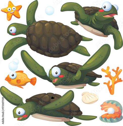 Isolated Cute Turtle Cartoon Collection