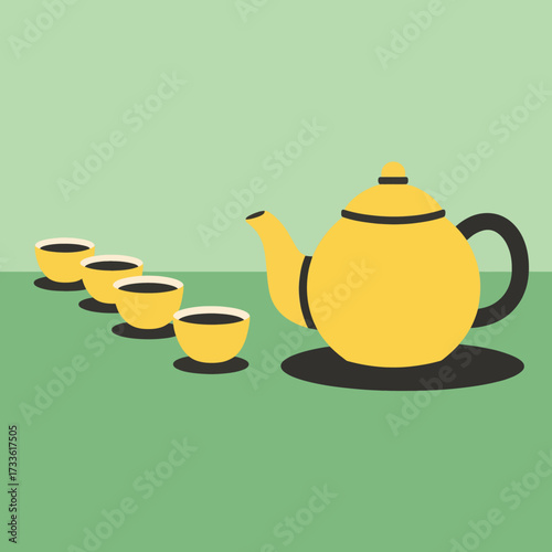 Cozy tea time with yellow teapot and cups on green background