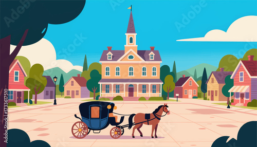 Cozy village scene with horse-drawn carriage under clear blue sky