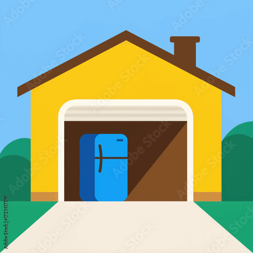 Cozy yellow house with blue refrigerator under clear blue sky