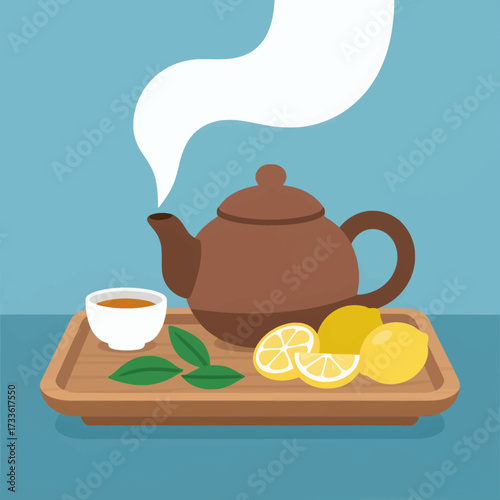 Cozy tea time with steaming pot, lemon, and cup on wooden tray under clear sky