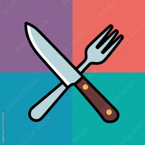 Crossed knife and fork on vibrant color block background