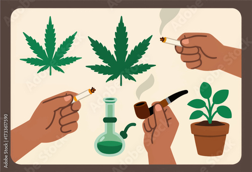 Cultivating cannabis: hands smoking, leaf, plant, bong, serene illustration
