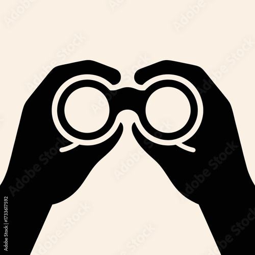Curious hands holding binoculars against a minimalist background
