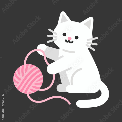 Cute white cat playing with pink yarn ball on dark background