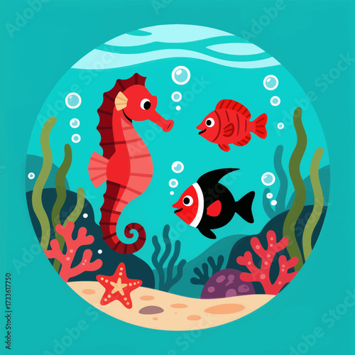 Cute underwater scene with seahorse and fish in vibrant coral reef at sunny day
