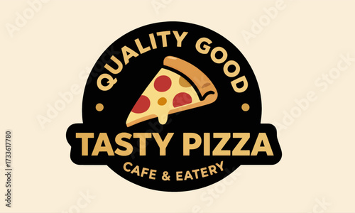 Delicious pizza slice logo with bold text and classic style