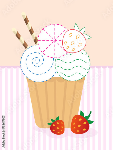 Writing practice. Trace and color.  Ice cream with strawberry. Drawing lessons. Preschool education. Kids game. Coloring page	