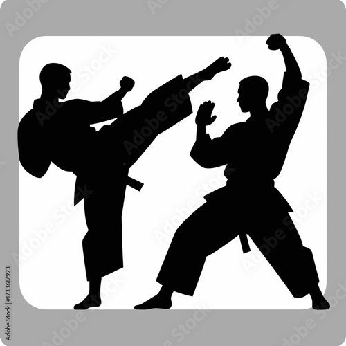 Dynamic martial arts duel in silhouette under stark contrast