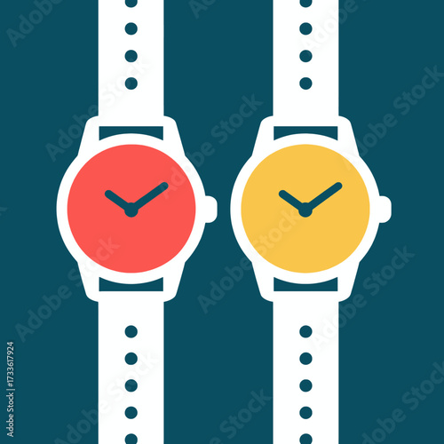 Dual timepieces in vibrant colors against a deep teal background