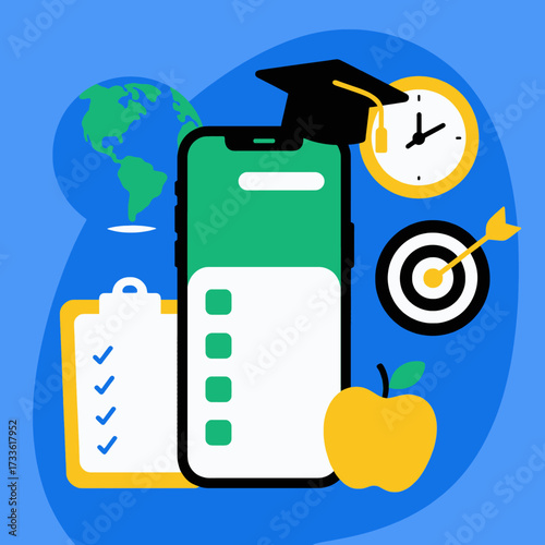 Educational app with checklist, globe, clock, and graduation cap under vibrant blue sky
