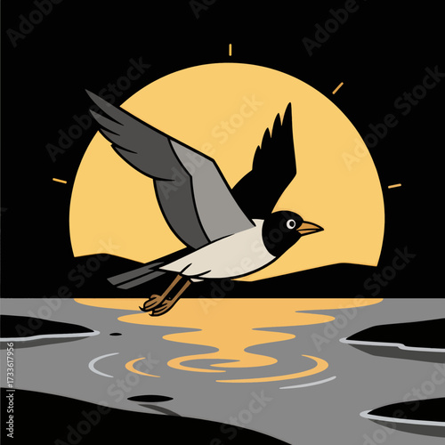 Elegant bird flying over tranquil water under glowing full moon