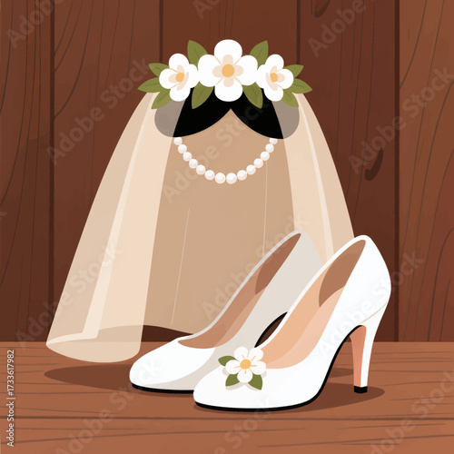 Elegant bride's attire with floral crown and pearls under warm indoor light