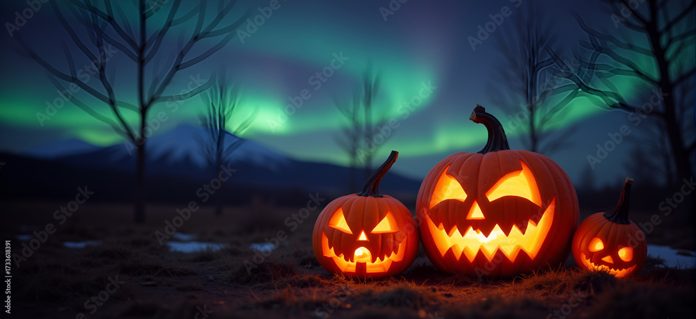 Naklejka premium Halloween pumpkins with a blurred background of the aurora borealis