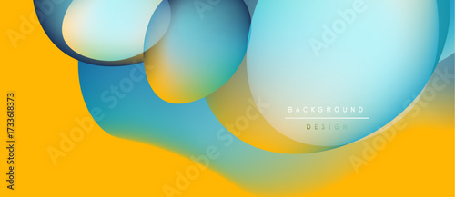 Abstract fluid shapes overlap, creating dynamic composition. Yellow background contrasts cool blue tones. Modern design element.