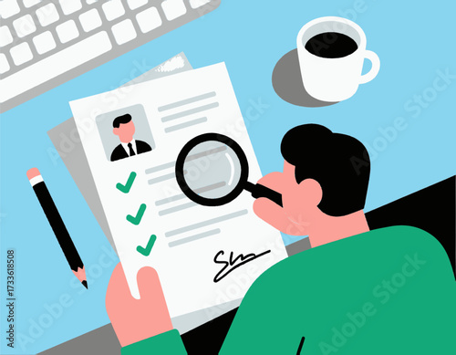 Focused job seeker reviewing resume with magnifying glass under bright office light