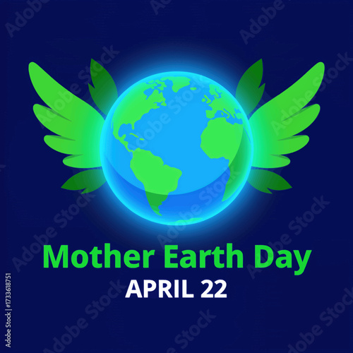 Glowing Earth with wings on dark blue background, celebrating Earth Day on April 22