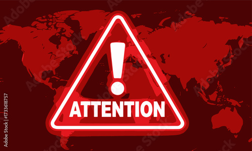 Global warning sign over world map with red neon glow