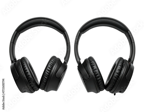 Two identical over-ear headphones sit side-by-side against a black background