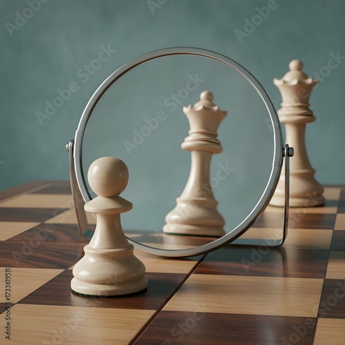 A wooden chess pawn looking into a mirror and seeing the reflection of a Queen, representing ambition, potential, self-belief, and transformation