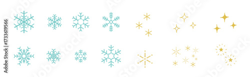 雪の結晶＆キラキラ＆星の手描きイラスト_カラー｜Snowflakes & Sparkles & Stars_Hand-drawn Illustration_Color