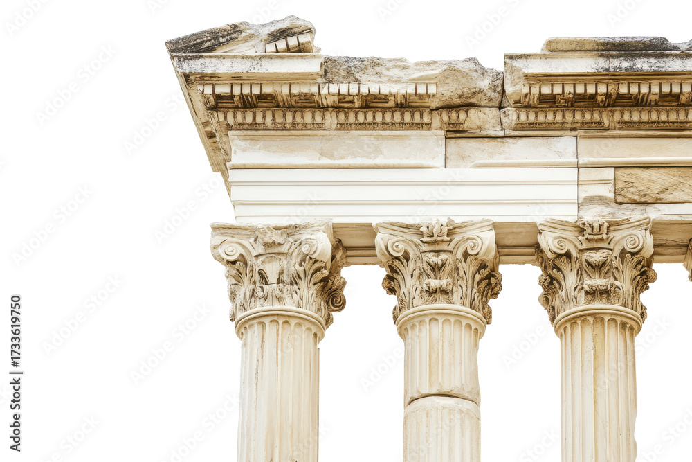 Obraz premium Fragment of ancient greek or roman columns and entablature isolated on transparent background. Greek columns isolated on white background.