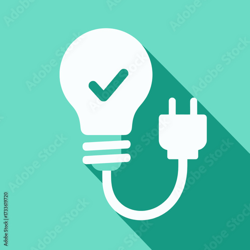 Innovative idea symbol with checkmark in lightbulb and plug, modern flat design, teal background