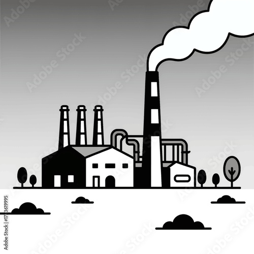 Industrial smokestacks emitting pollution against a muted sky with minimalistic urban landscape