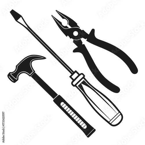 A group of four black silhouette hand tools including a claw hammer, screwdriver, diagonal pliers, and wire cutters on a white background